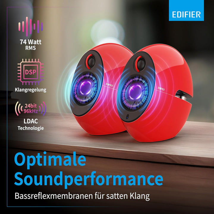 EDIFIER Luna E25 Design-Lautsprecherset mit Bluetooth (74 Watt), rot rot glänzend, rot glänzend