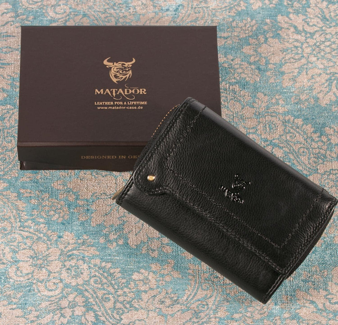 MATADOR Damen Leder Geldbörse TüV geprüfter RFID & NFC Schutz Frauen Portemonnaie Ladies Wallet Blac