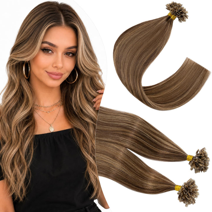 Elailite U-Tip Echthaar Bonding Extensions Keratin Haarverlängerung Haar Glatt 20''(50 cm) #4P27 Mit