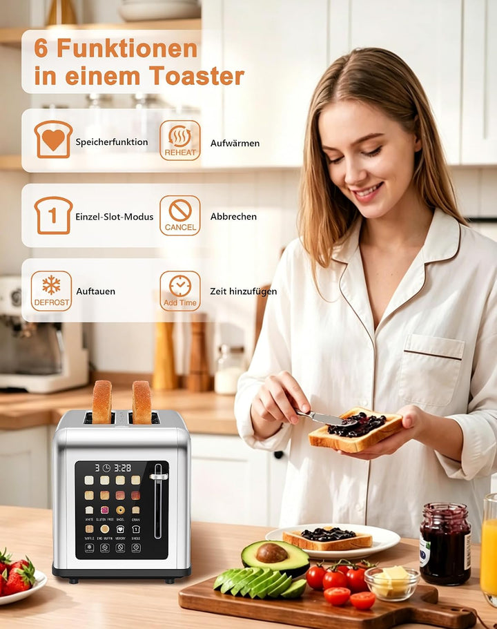 Toaster 2 Scheiben, Edelstahl Toaster mit Touchscreen, Countdown-Anzeige &amp; Memory-Funktion, 2 Toasts