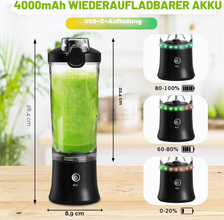 Tragbarer Mixer Smoothie Maker - 600ml Mini Standmixer to Go - 6 Klingen, Reisedeckel und Isolierte