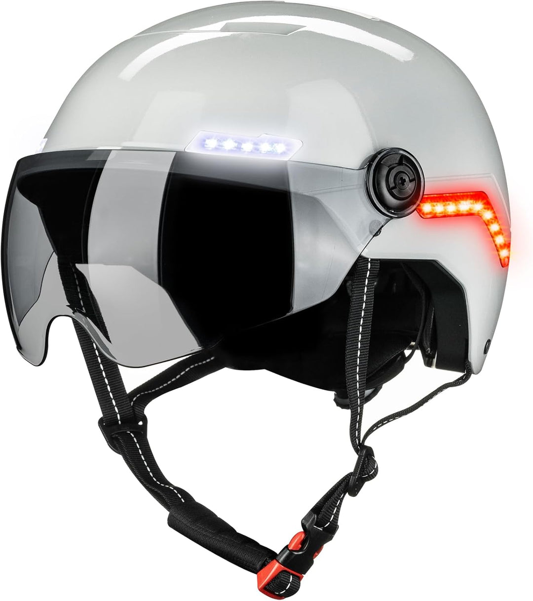 ILM Fahrradhelm Herren Damen mit Visier und LED Licht Beleuchtung Automatischem G-Sensor für Blinker