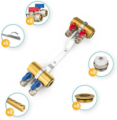 Messing Heizkreisverteiler 2 Heizkreise Set mit 4 x PEX Kugelhahn mit Klemmring 16mm x 1/2" AG & 2 x