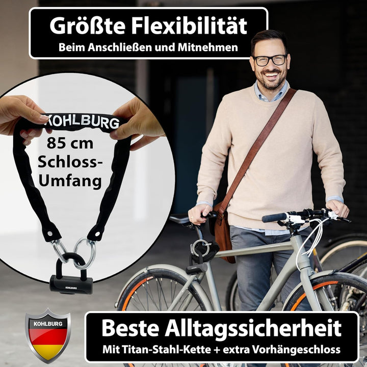 KOHLBURG Sicheres Kettenschloss [7mm starke Titan-Stahl Kette, mit extra Ring, 85cm lang] - Fahrrads