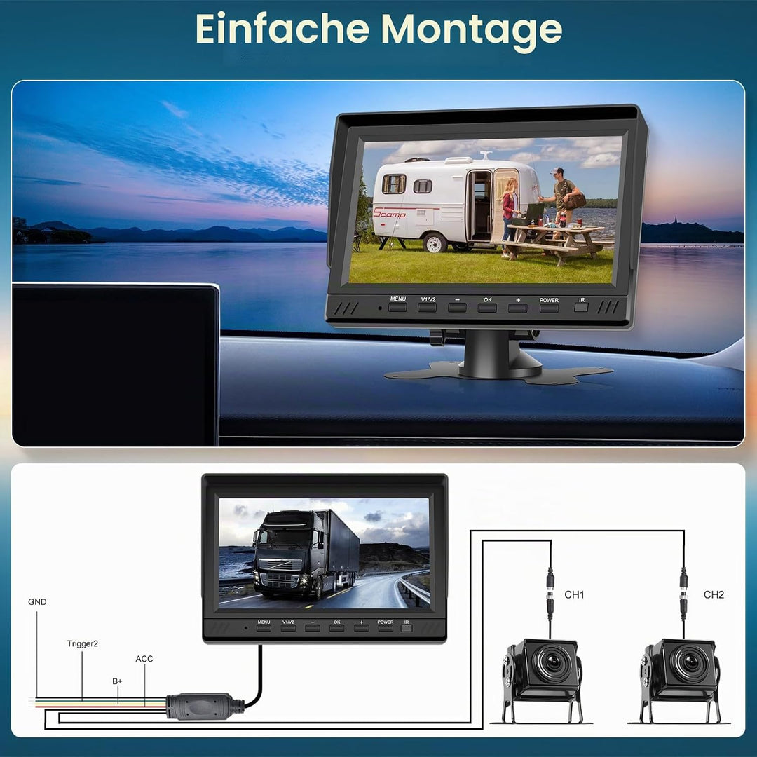 Hodozzy Rückfahrkamera Set mit 7 Zoll HD Monitor, 2 * Kameras Wasserdichtes Super Nachtsicht, Rückfa