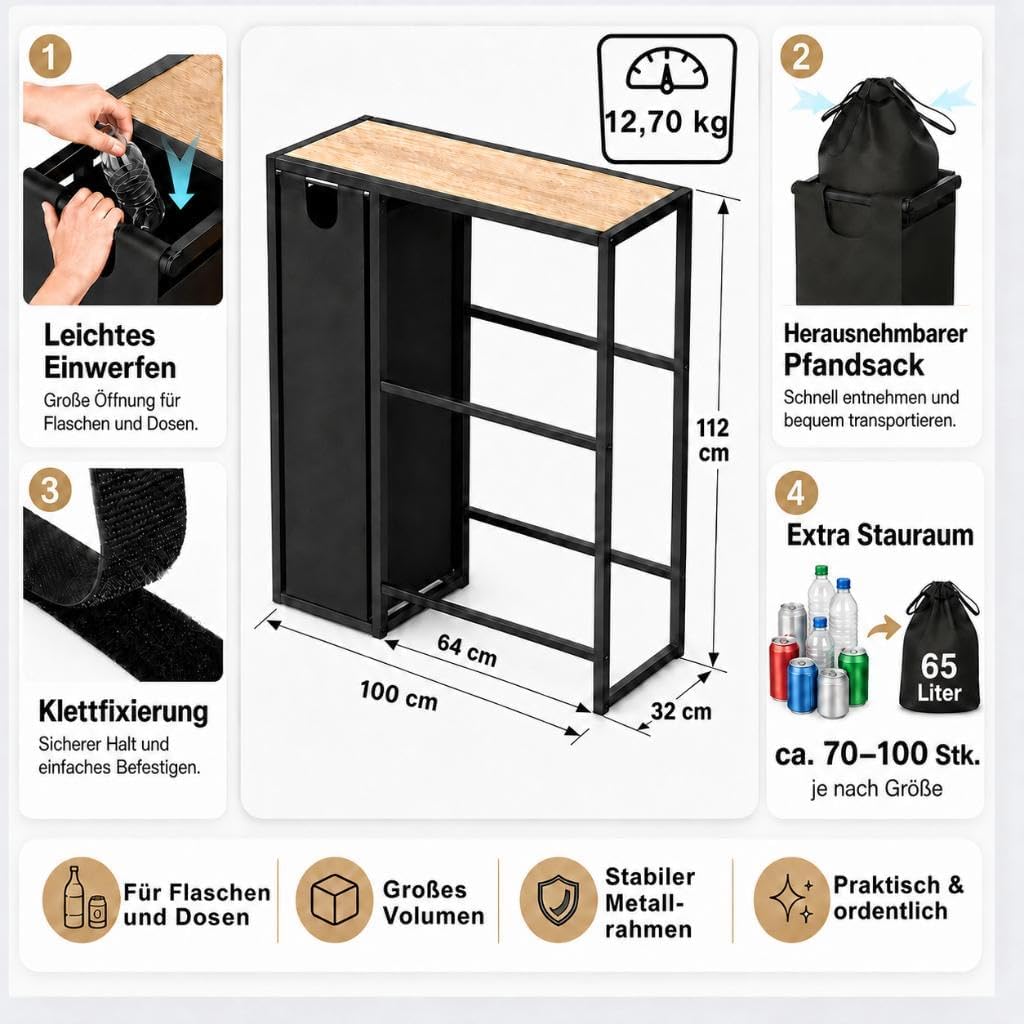DanDiBo Getränkekistenregal 4 Kisten mit Ablage Pfandflaschen Sammelbehälter 2 in 1 Metall Schwarz 9