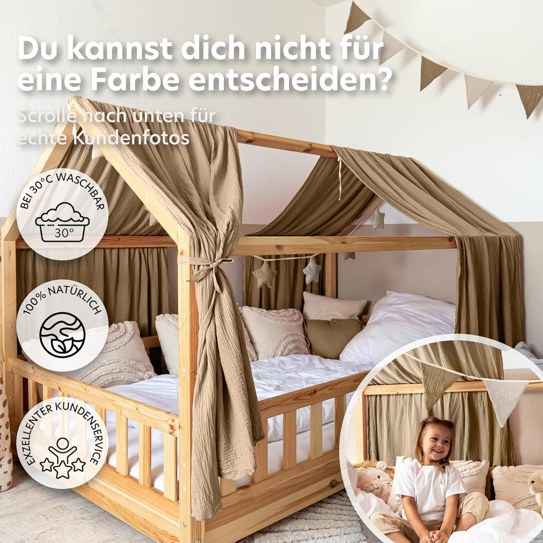 Hausbett Himmel mit Gold Applikation [in 12 Farben] Betthimmel Hausbett aus 100% Baumwolle Musselin