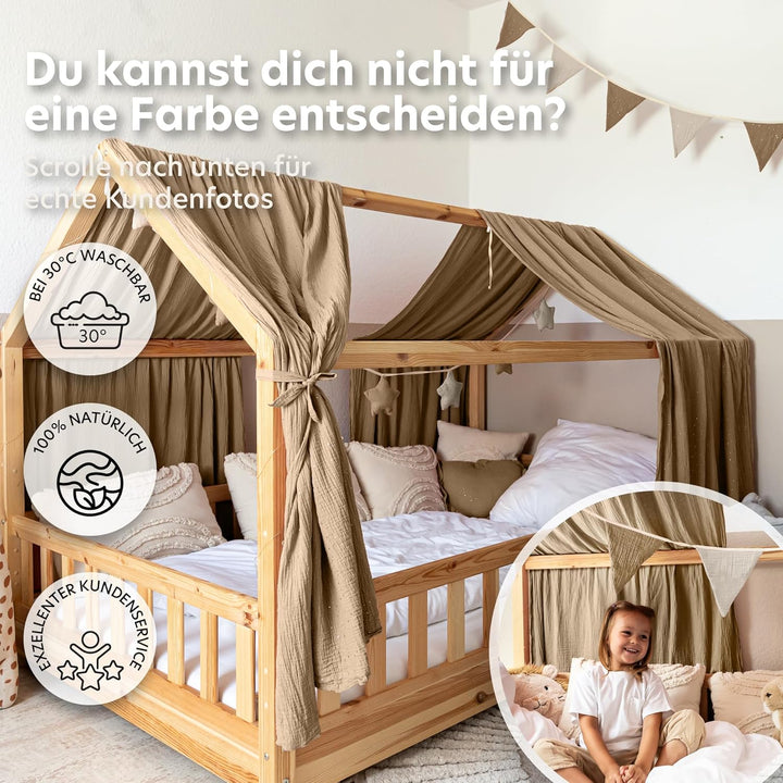 Hausbett Himmel mit Gold Applikation [in 12 Farben] Betthimmel Hausbett aus 100% Baumwolle Musselin