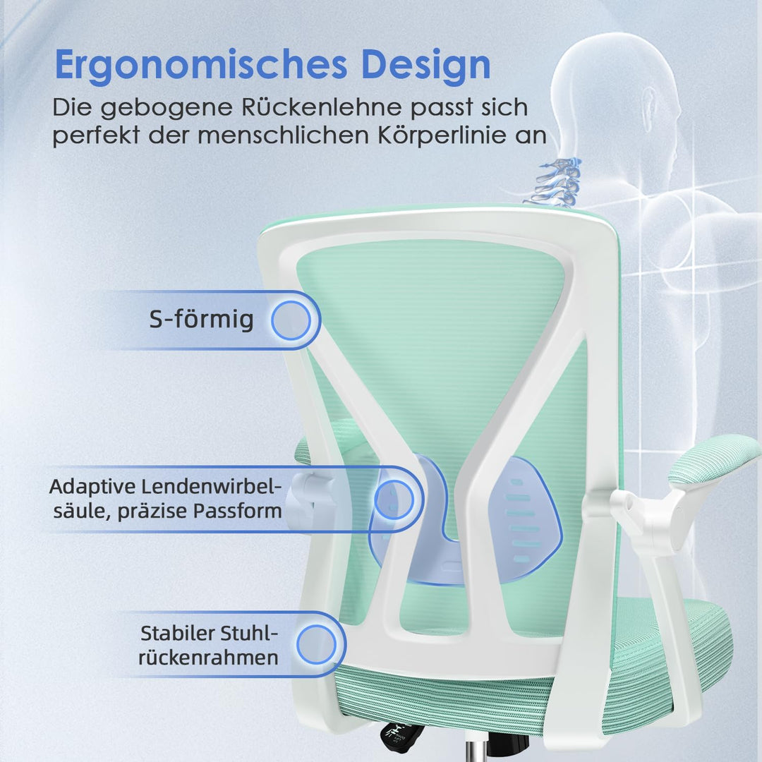 Bürostuhl, Schreibtischstuhl mit klappbare Armlehnen, Bürostuhl Ergonomisch Testsieger mit Lendenwir