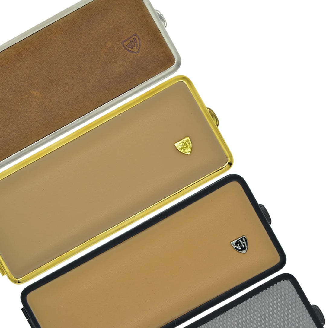 Zigarettenetui Echtleder Slim, Leder Beige, Rahmen schwarz, für 10 Zigaretten, Handmade in Germany,