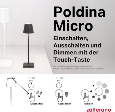 Zafferano Poldina Pro Micro Kabellose LED-Tischlampe Aufladbar - Dimmbare Touch Akku Lampe für Innen