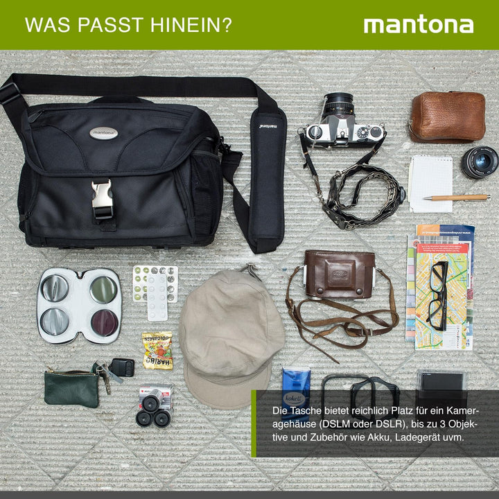 Mantona 270033 Neolit II SLR-Kameratasche (mit Regenschutzhülle, Metallschnallen und viel Zubehör) s
