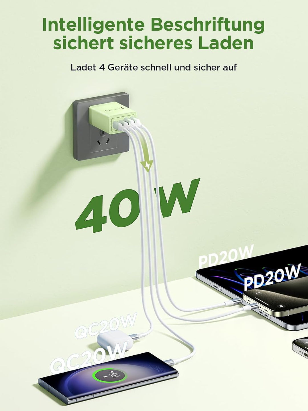 Aioneus USB C Netzteil, 4-Port USB Charger mit Quick Charge &amp; Power Delivery, 40W Schnellladegerät L