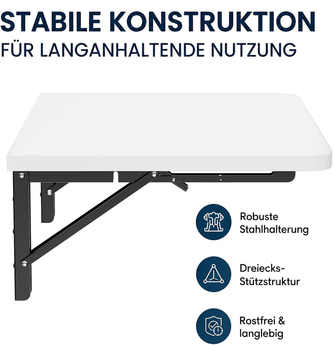 Wandklapptisch 60x40 cm Weiss, Klapptisch Wandmontage, 40 kg | Platzsparender Klapptisch aus Holzwer