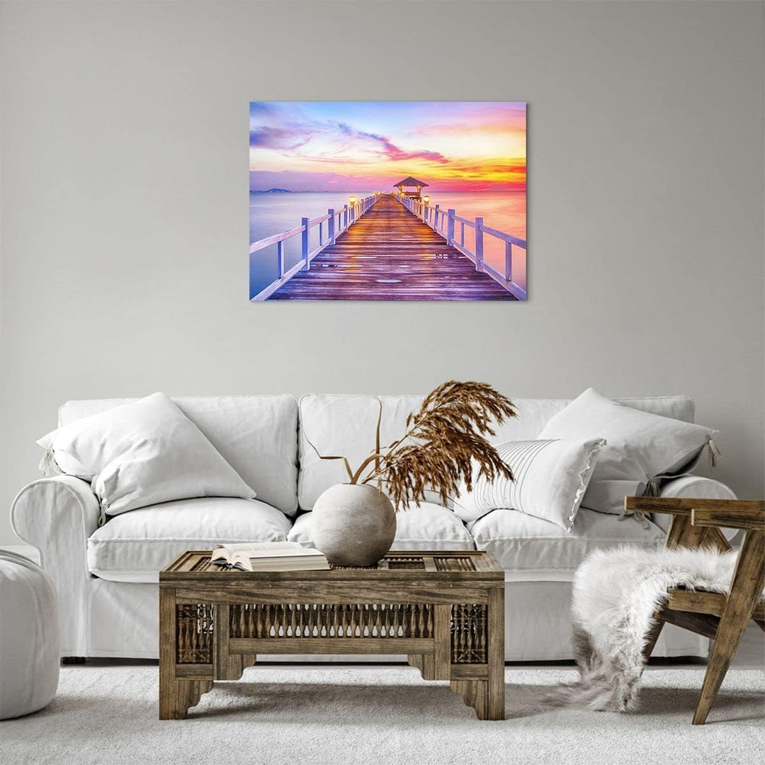 Bilder auf Leinwand Sonnenuntergang Wasser Brücke Horizont Leinwandbild 70x50cm Wandbilder Dekoratio