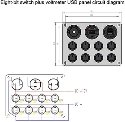 Riloer Panel mit 8 Wippschaltern 12-24V mit Dual-USB-Anschluss, 12V Digitalvoltmeter, Steckdose - fü