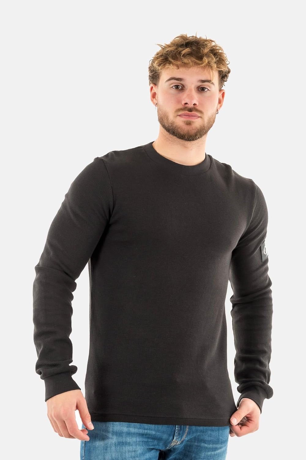 Calvin Klein Herren Langarmshirt Badge Waffle Tee Basic XXS Black (Ck Black), XXS Black (Ck Black)