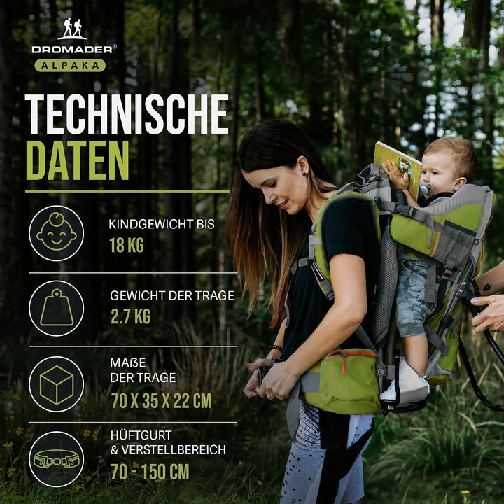 Dromader Kraxe Kindertrage bis 22kg – Kindertrage Wandern mit Sonnendach, Regenschutz, Thermotasche,