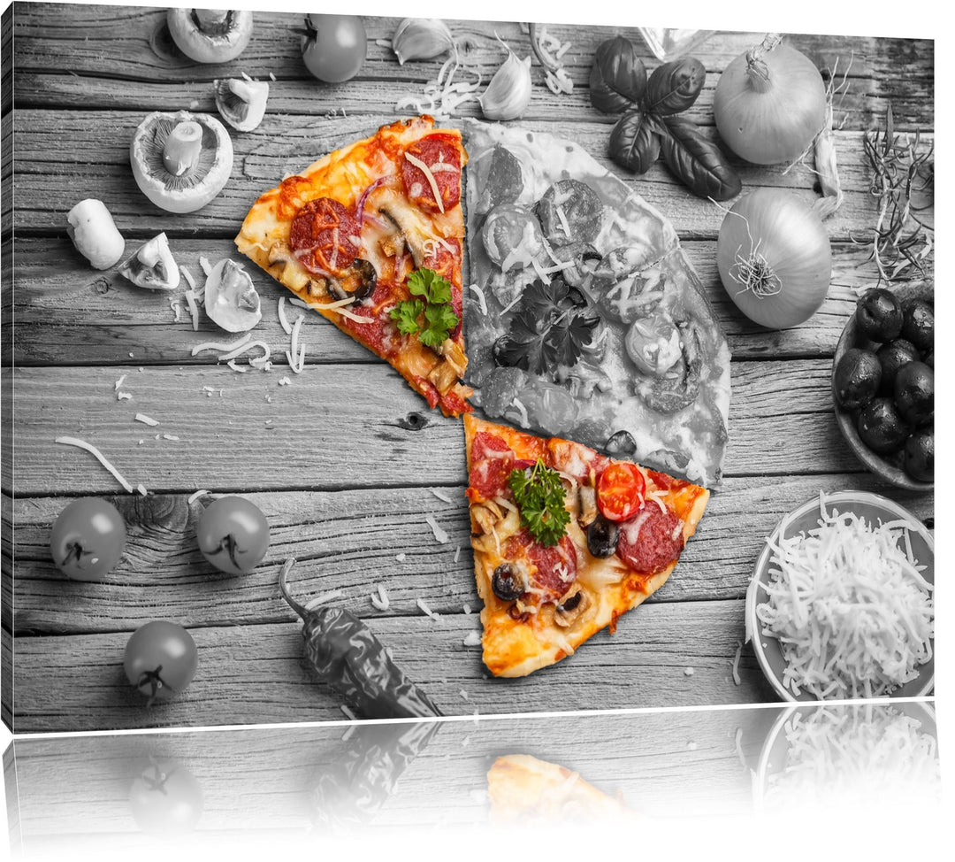 köstliche Pizza auf Holztisch schwarz/weiss Format: 100x70 auf Leinwand, XXL riesige Bilder fertig g