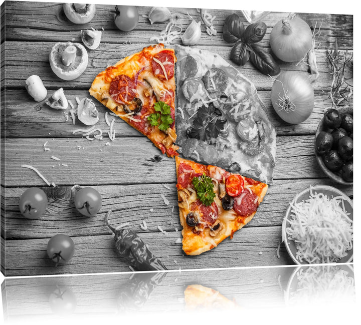 köstliche Pizza auf Holztisch schwarz/weiss Format: 100x70 auf Leinwand, XXL riesige Bilder fertig g