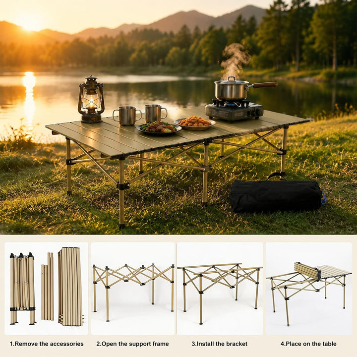 Campingtisch faltbar Klapptisch, Aufrollbare Tischplatte, Camping Falttisch Tragbar Kohlenstoffstahl