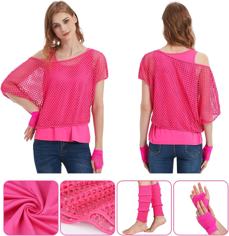 WILDPARTY 80er 90er Jahre Outfit Damen, Netzshirt, Tank top, Beinwärmer, Netzhandschuhe, Kostüm 80er