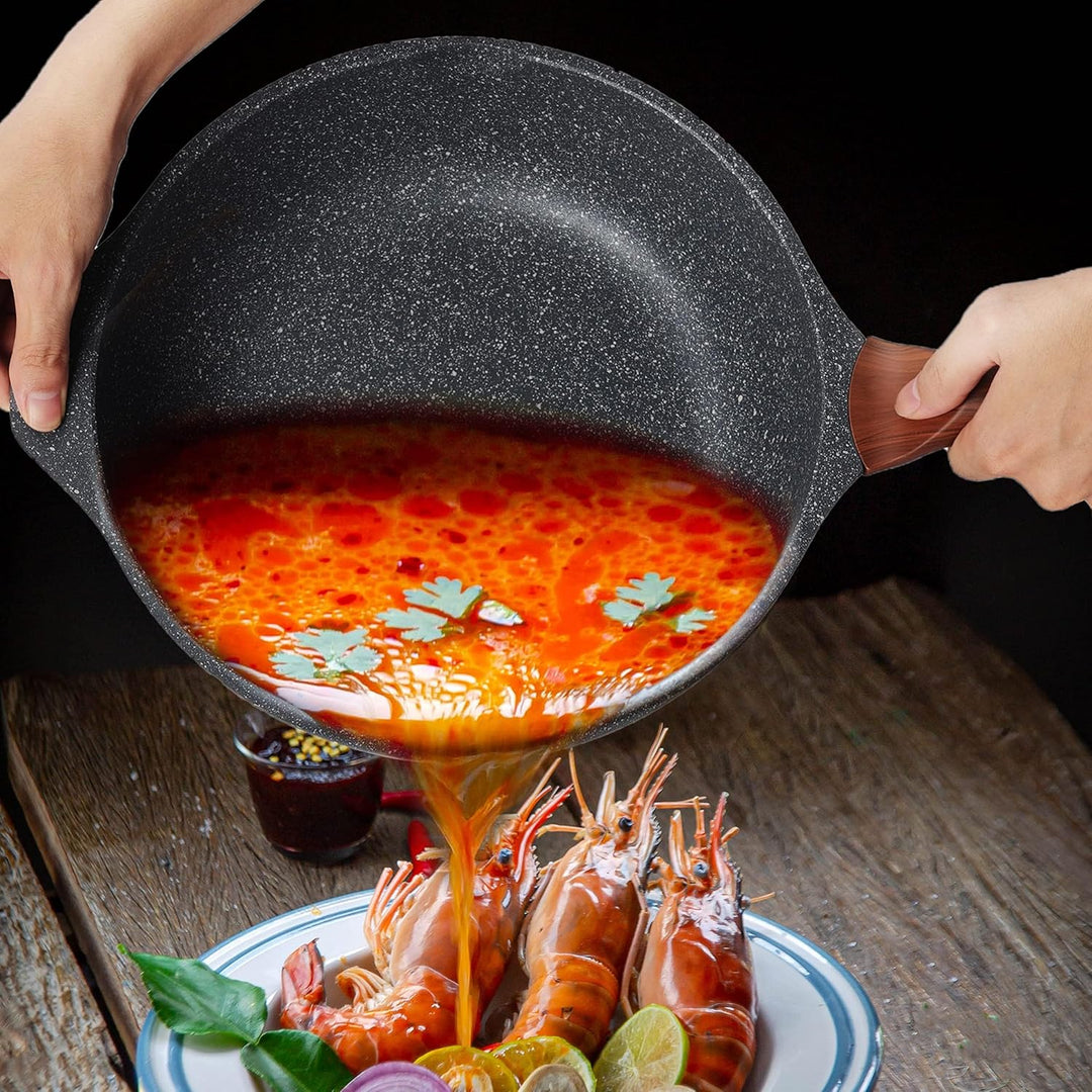 RIOVARM 28cm Tiefe Pfanne Hochrandpfanne, Induktion Antihaft Bratpfanne mit Deckel, Granit beschicht
