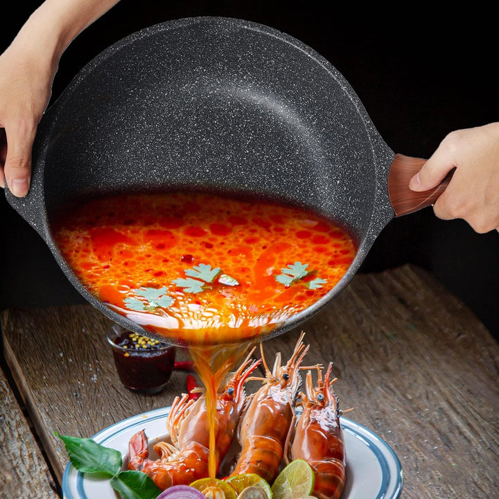 RIOVARM 28cm Tiefe Pfanne Hochrandpfanne, Induktion Antihaft Bratpfanne mit Deckel, Granit beschicht