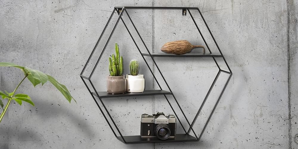 LIFA LIVING Hexagon Wandregal aus Metall mit 4 Böden, Schwarzes Schweberegal im Industrie Design, Se