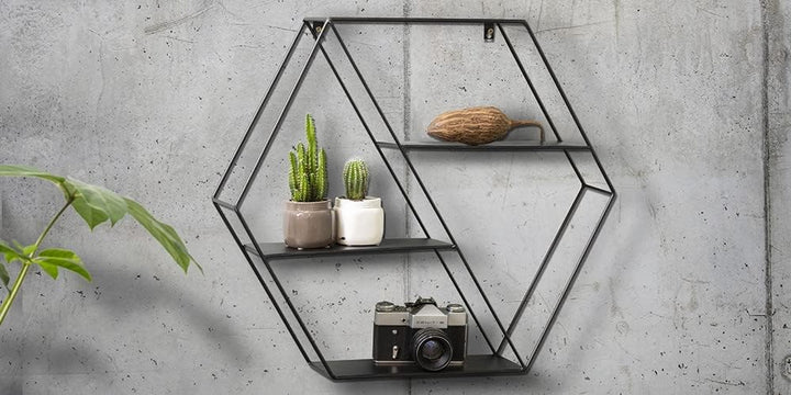 LIFA LIVING Hexagon Wandregal aus Metall mit 4 Böden, Schwarzes Schweberegal im Industrie Design, Se