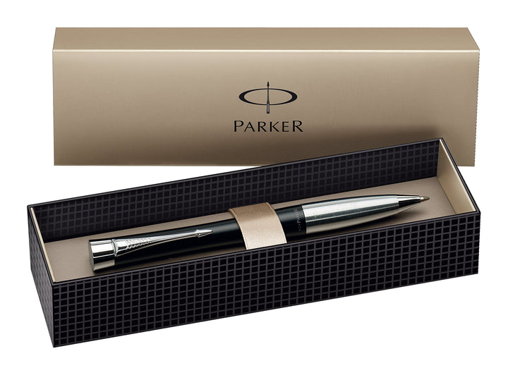 Parker S0767030 Urban-Kugelschreiber (mattschwarzer Lack mit Chromverzierungen, blaue Tinte) Geschen