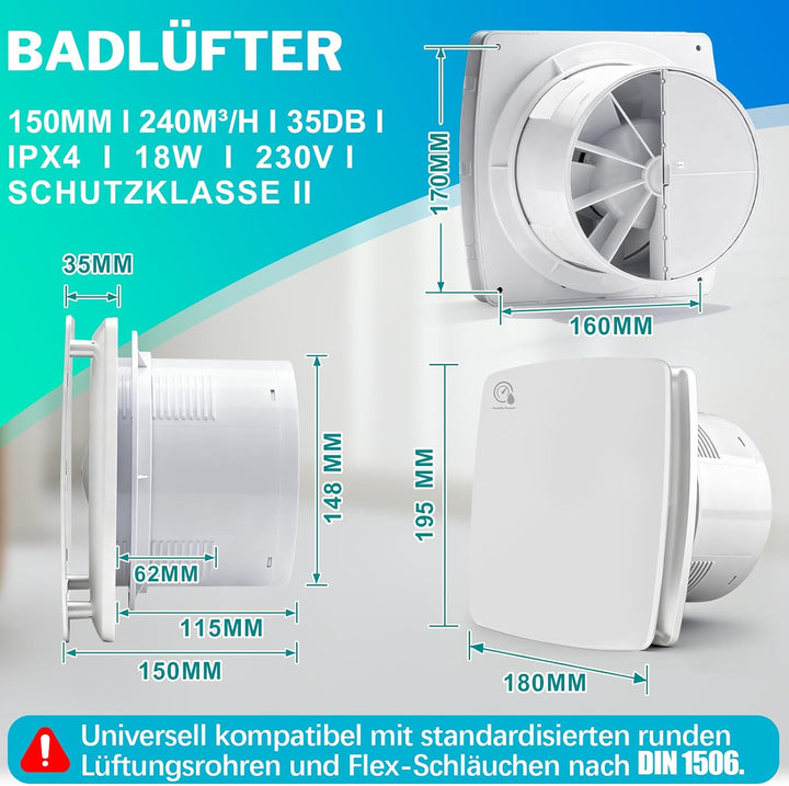 Badlüfter 150mm mit Feuchtigkeitssensor & Nachlauf, 18W Leiser Abluftventilator Lüfter mit Rücklaufk