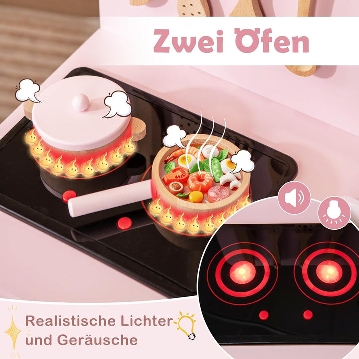 COSTWAY Kinderküche mit 10 Zubehör, Spielküche Holz mit Licht und Sound, Spielzeugküche mit Herd & S
