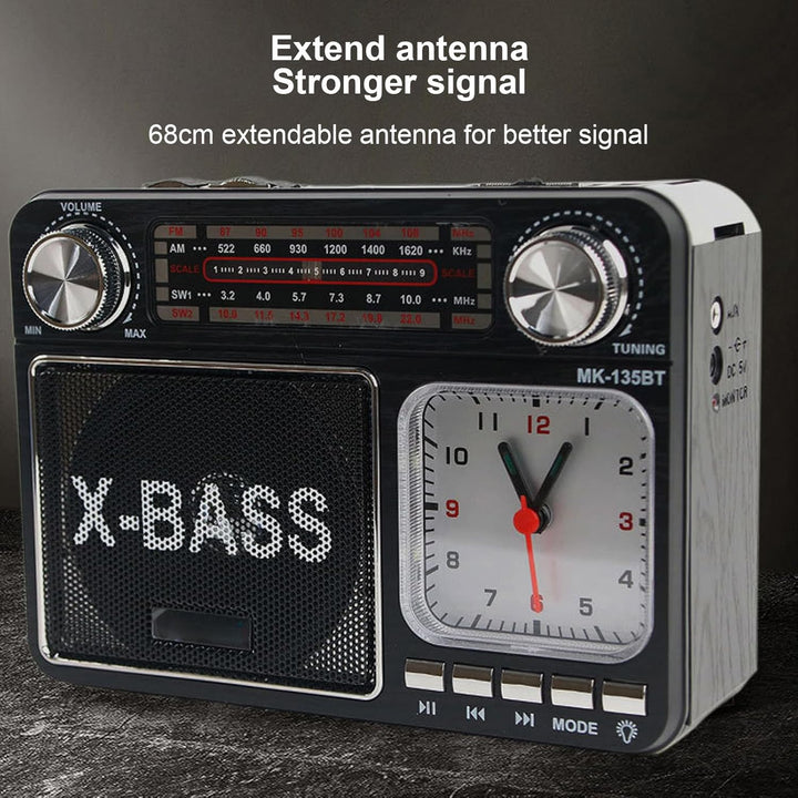 AM FM SW Bandradio, Kleines Retro Vintage Radio mit Lichtuhr, Bluetooth Lautsprecher, Kopfhöreransch