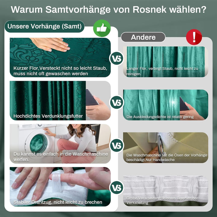 Rosnek Thermovorhang Kräuselband,2 Stück Luxus Vorhang Samt Verdunklungsgardine mit Multifunktionsba