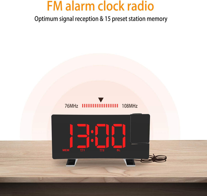 ThreeH Projektionswecker mit USB-Telefonladegerät Radiowecker mit 2 Wecktönen/4 Dimmer/180° drehbar/
