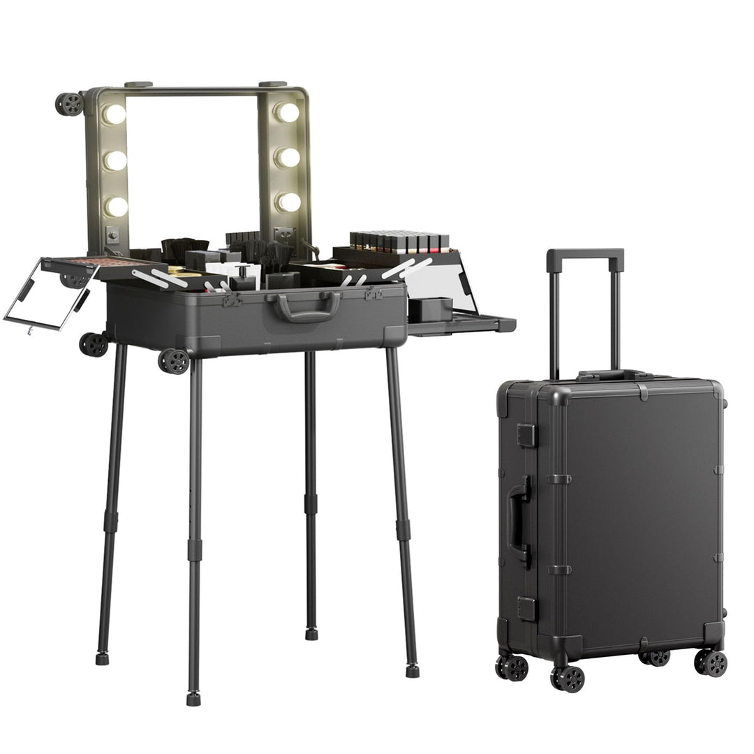 Make-up-Koffer mit Rollen aus Aluminium, grosser Spiegel mit 6 Glühbirnen, Organisation von Kosmetik