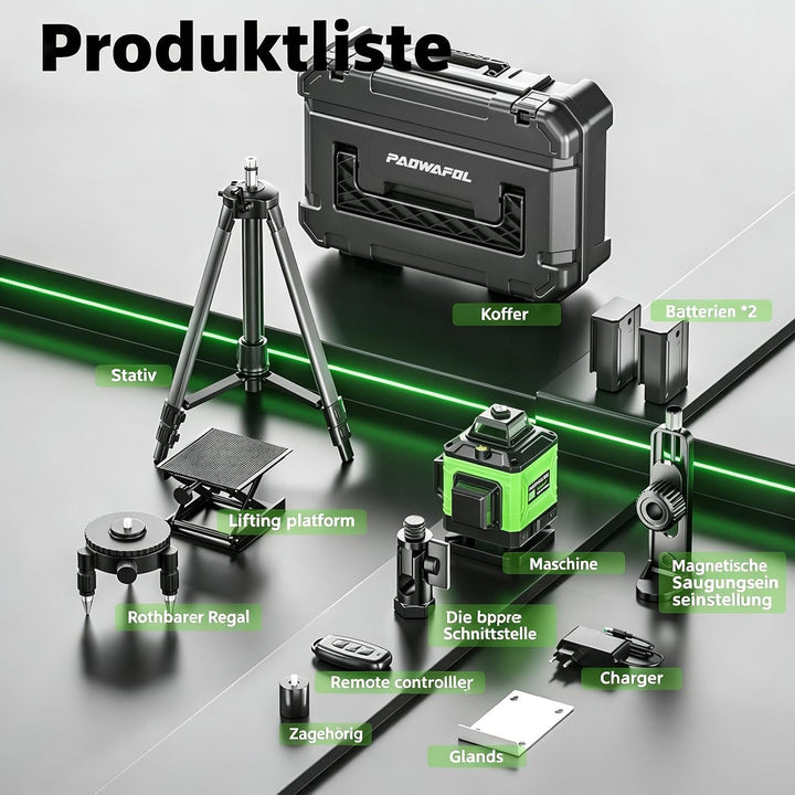 Kreuzlinienlaser Grün 4D 16 Linien Nivellierlaser mit Stativ, 4 * 360° Laser wasserwaage, linienlase