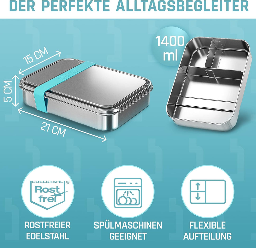 boddels Edelstahl Brotdose mit Fächern 1.400ml | inkl. flexiblem Trenner | Brotbox Kinder mit Untert