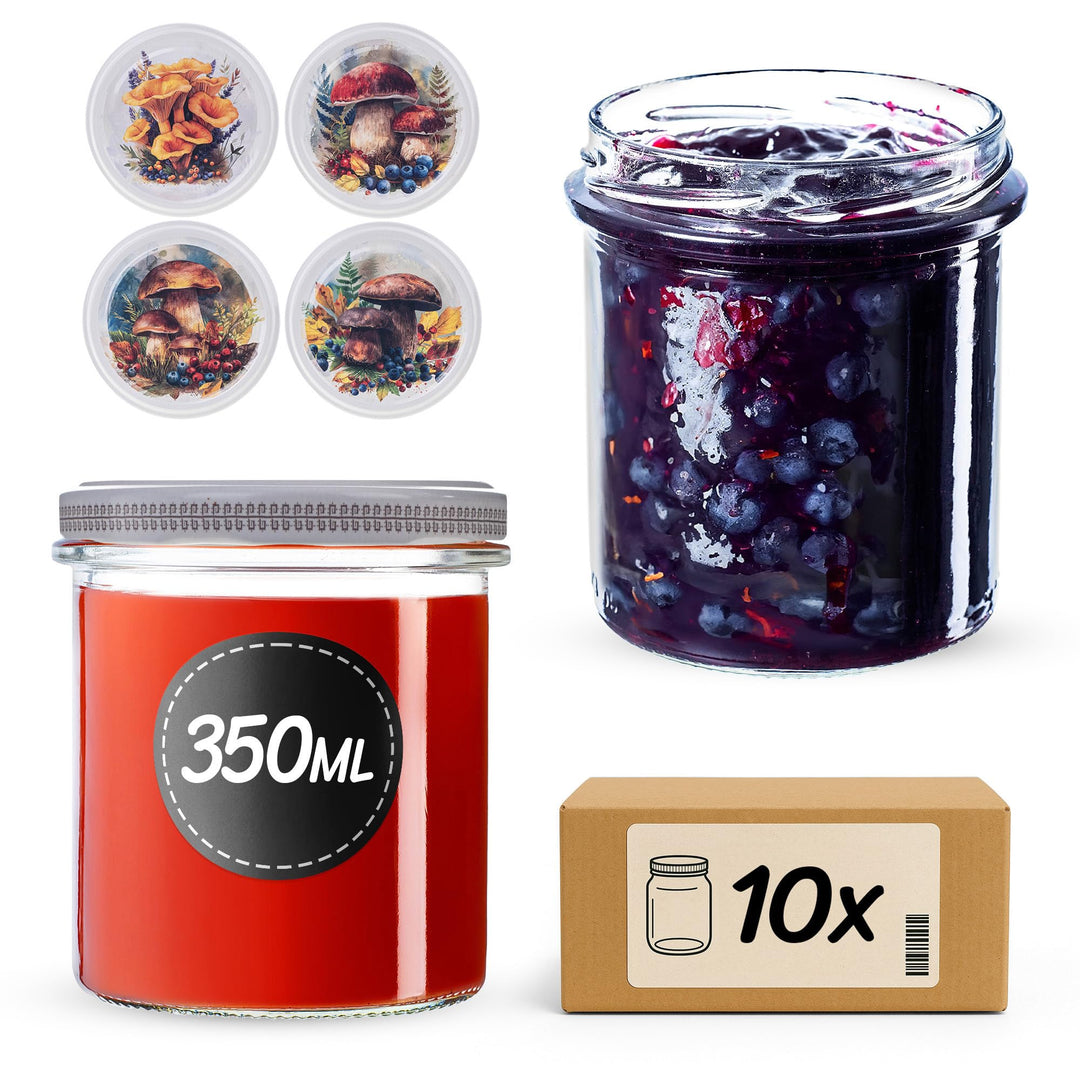 KADAX 10er Set Marmeladengläser 350ml TO82 Waldpilze, Einmachgläser Vorratsgläser Mason Jar mit Schr