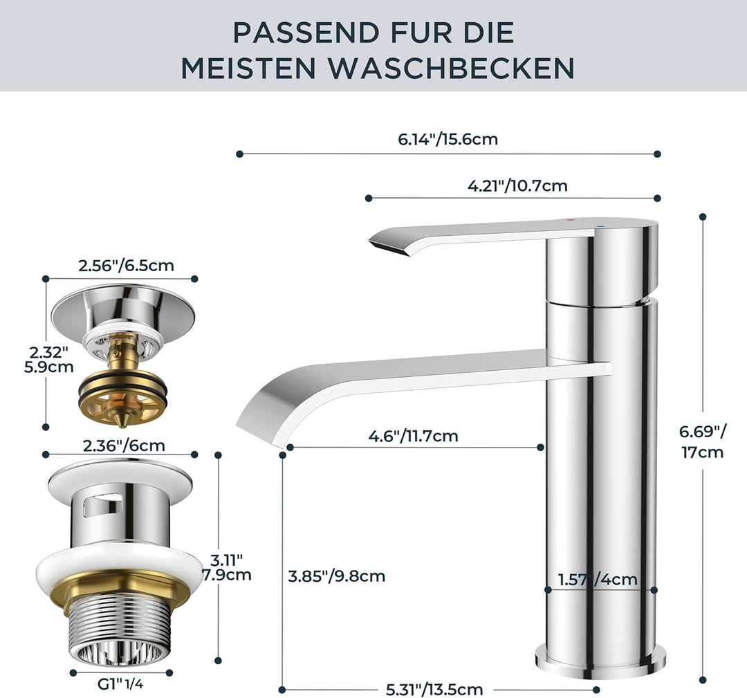 FORIOUS Wasserhahn Bad mit Ablaufgarnitur, Waschtischarmatur Einhandmischer – Hochwertige Waschbecke