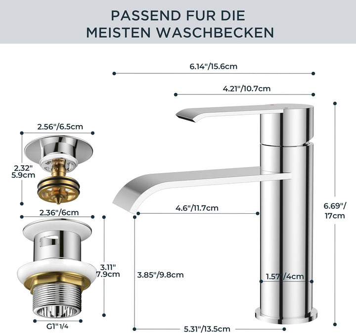 FORIOUS Wasserhahn Bad mit Ablaufgarnitur, Waschtischarmatur Einhandmischer – Hochwertige Waschbecke