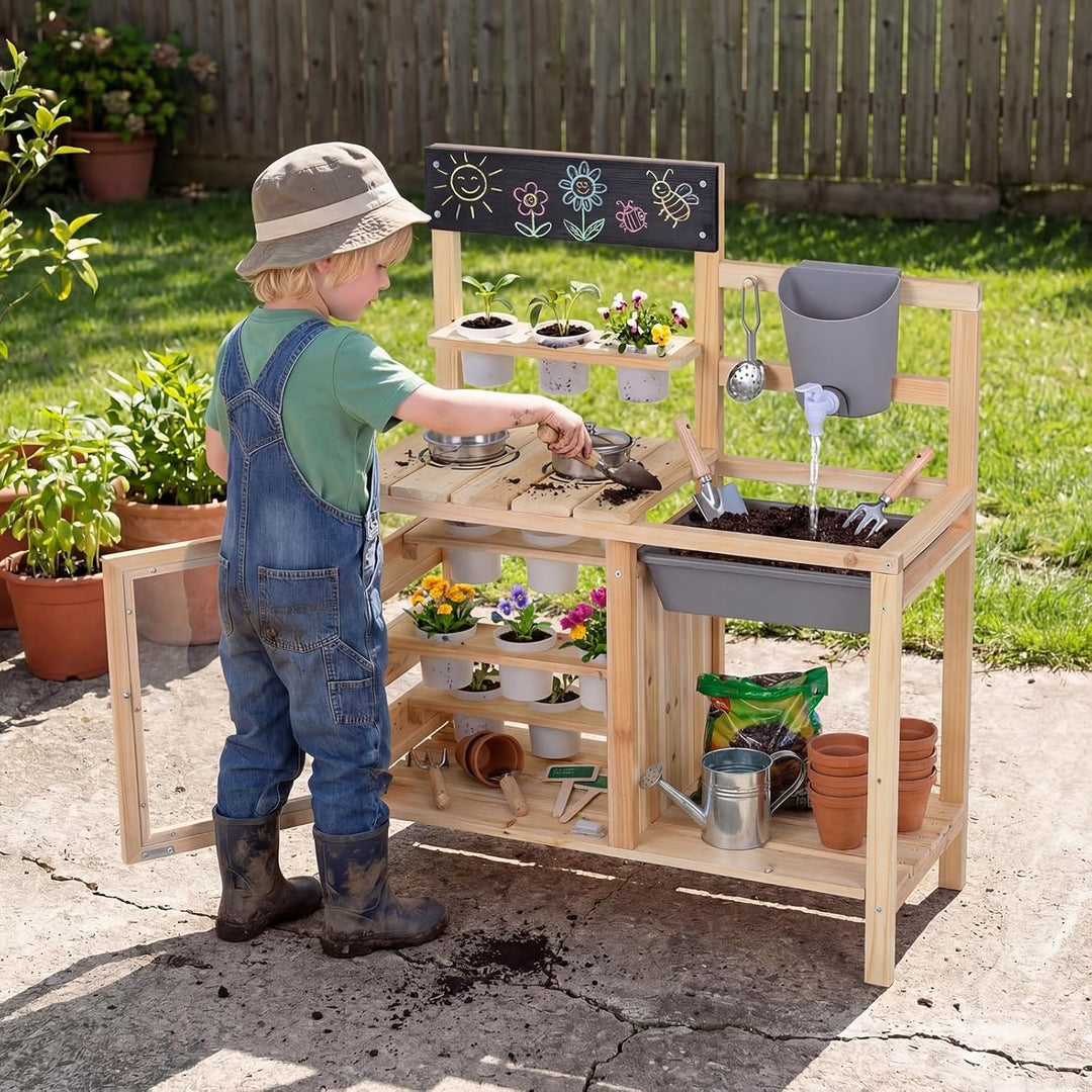 COSTWAY Matschküche Kinder, Outdoor Spielküche mit Herd, Spüle, Wassertank, Pflanztöpfen und Kreidet