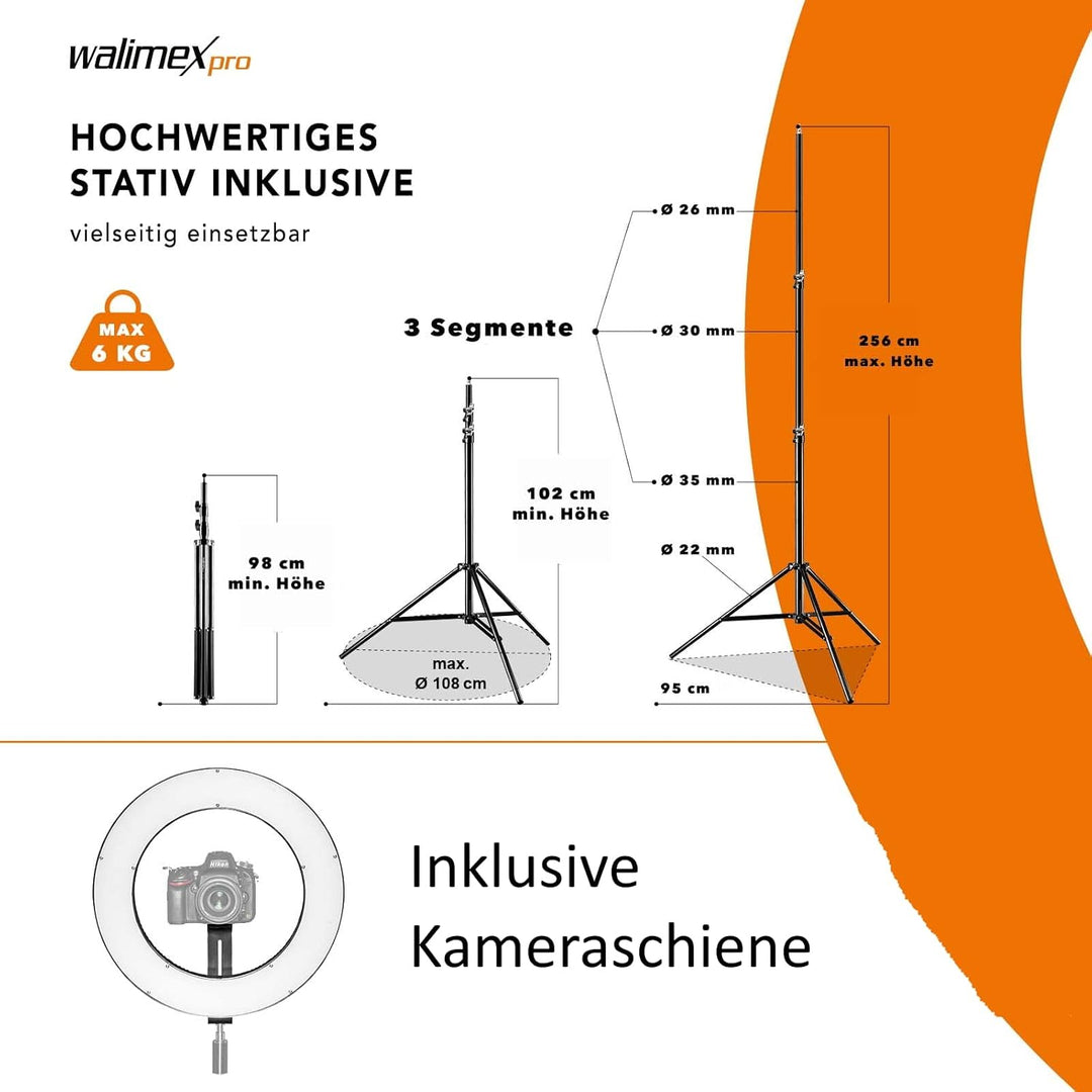 Walimex pro dimmbares LED Ringlicht 32W und Stativ I Ringleuchte mit einzeln schaltbaren Sektoren I