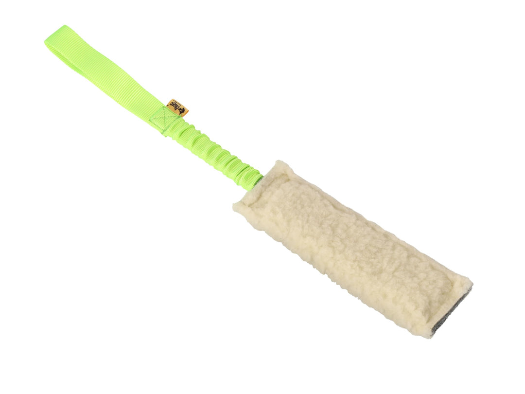 Dingo Beisswurst Wolle mit Griff Bungee Grün 20 cm x 6 cm Agility Apporte Spiel Training Hundespielz