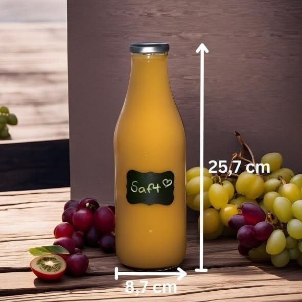gouveo 20er Set Saftflasche 1000 ml mit Schraub-Deckel silberfarben - Grosse Glasflasche 1 Liter mit