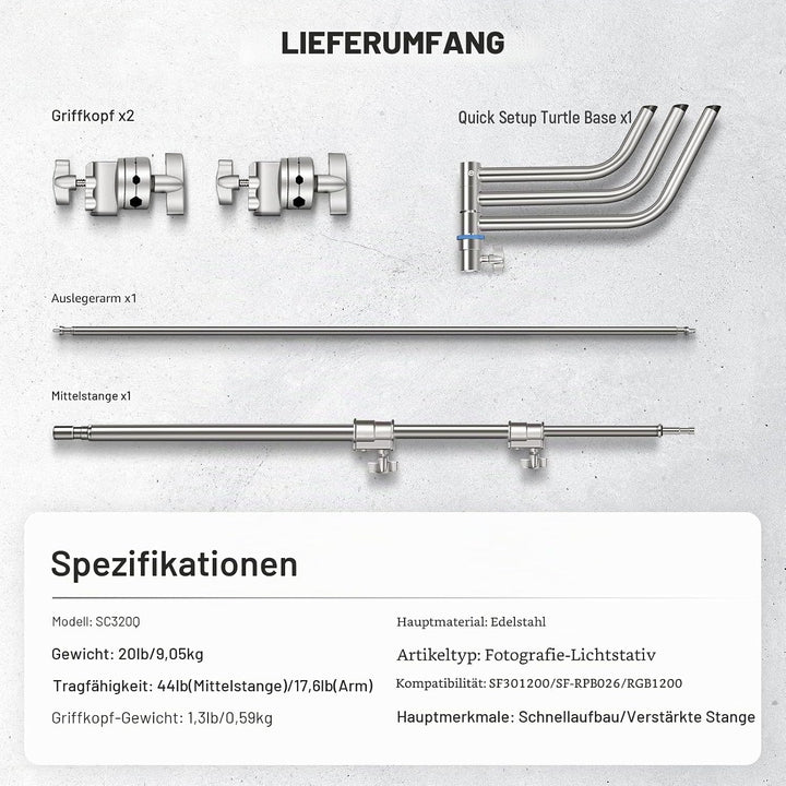 Neewer SC320Q SC320Q C-Ständer aus Edelstahl, strapazierfähig, mit Galgenarm, schnelle Einrichtung,