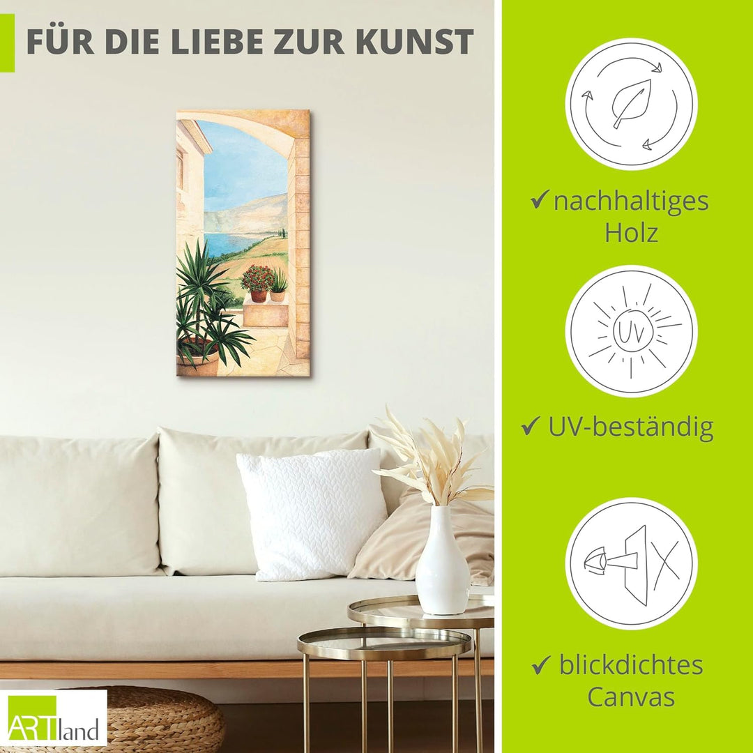 ARTLAND Wanddeko Leinwand Bilder Wandbild Landschaften Fensterblick Italien Malerei Creme A5DK Blick
