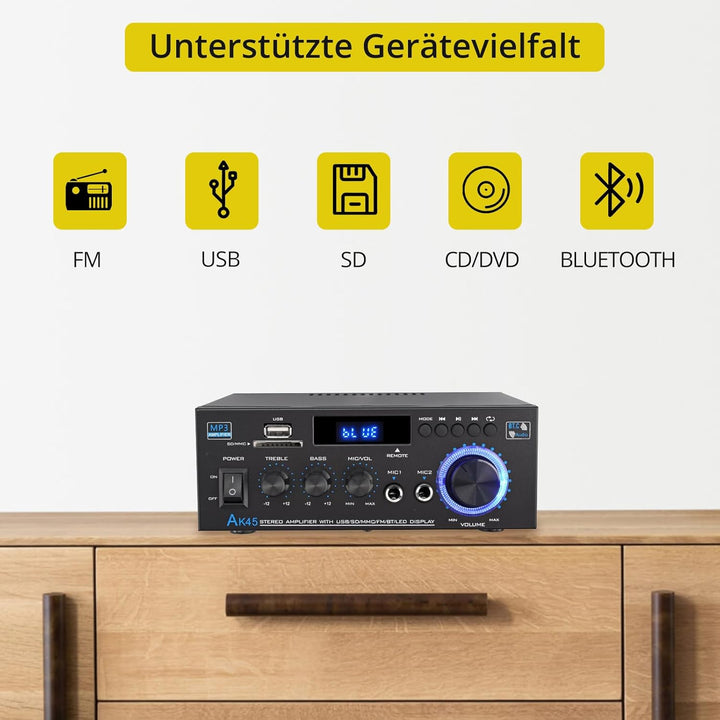 PROZOR Verstärker HiFi Digitaler Audio Verstärker Audio Power Stereo Verstärker AK-45 Receiver Bluet