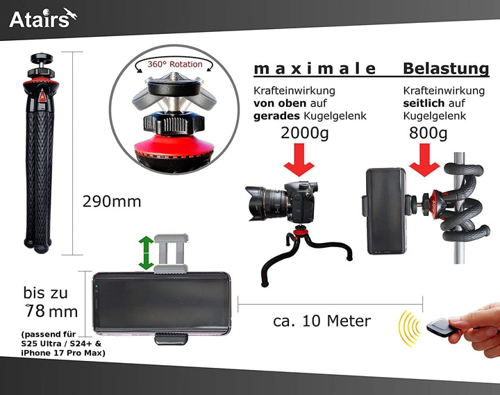 Atairs Handy Stativ für Smartphone mit Fernauslöser - Flexibles Reisestativ für Kamera, DSLR, Action